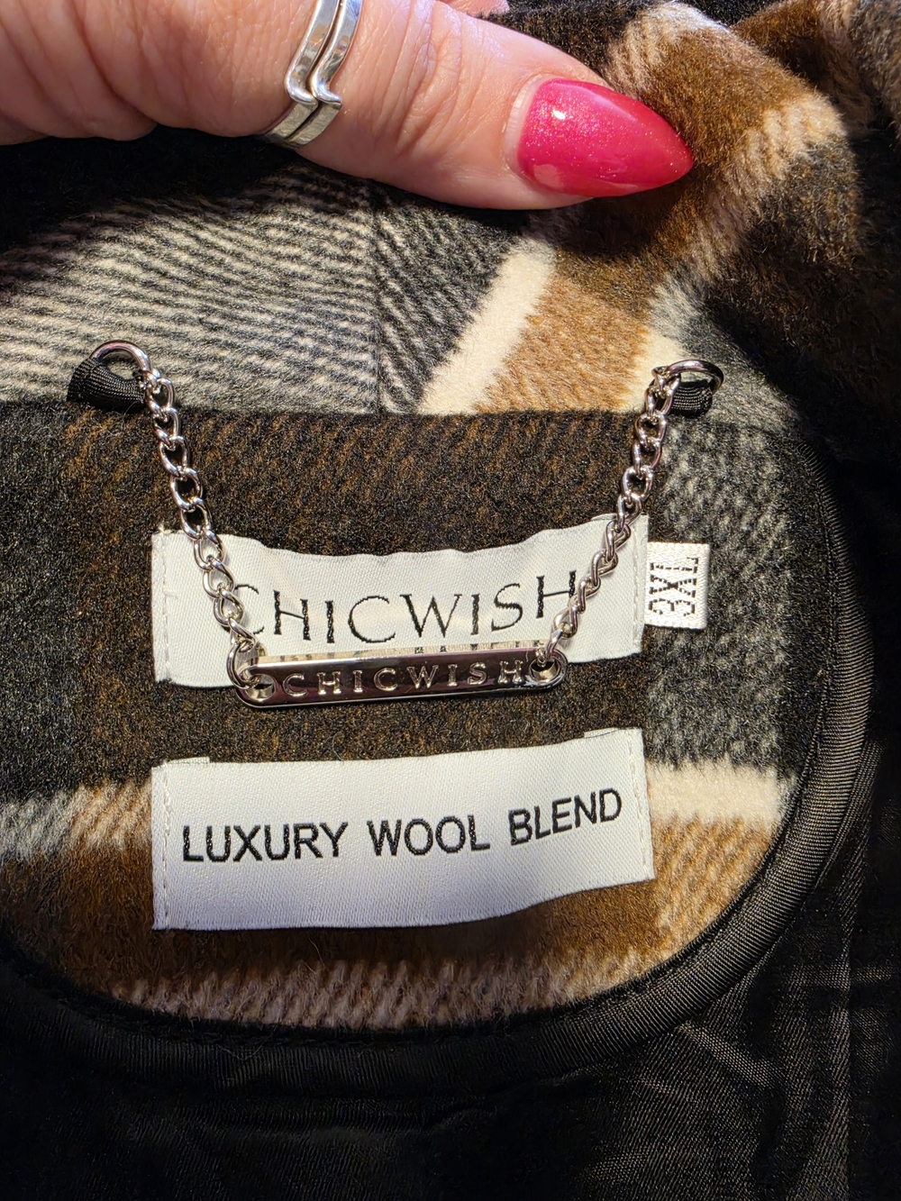 Chicwish Plaid Wool-Blend Pea Coat in Brown, Gray, Cream - Picture 9 of 9